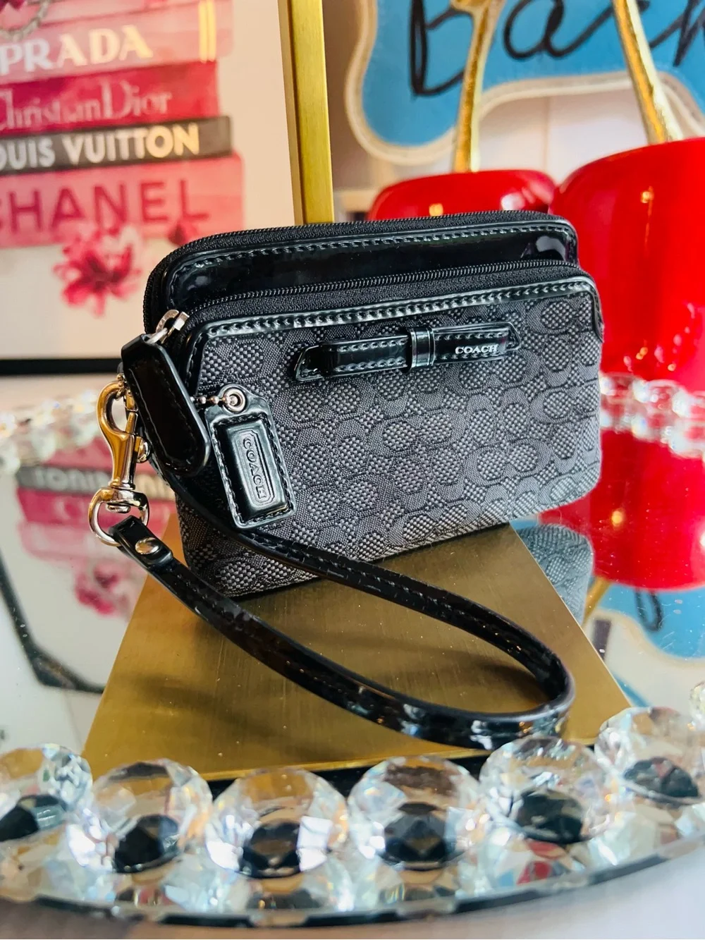 Coach Black Signature with Patent Trim double zipper wristlet